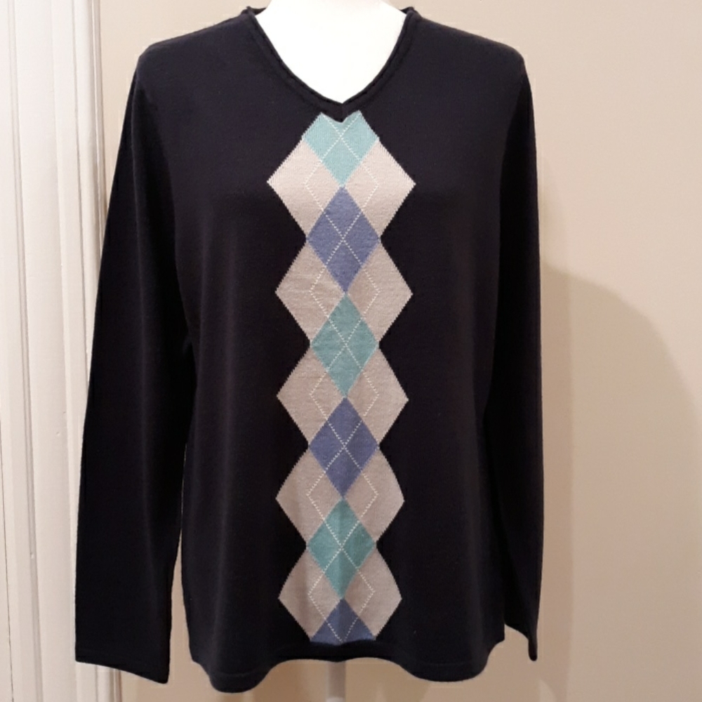 SONOMA V Neck Argyle Sweater in Navy XL